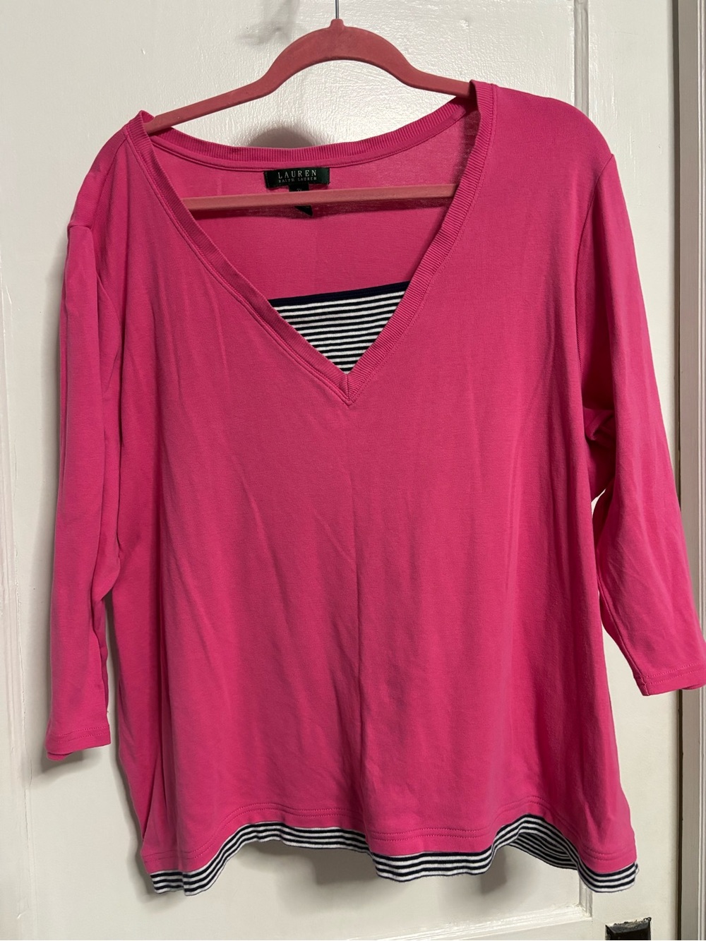 Ralph Lauren Hot Pink V-Neck Long Sleeve Women's Top with Striped Hem